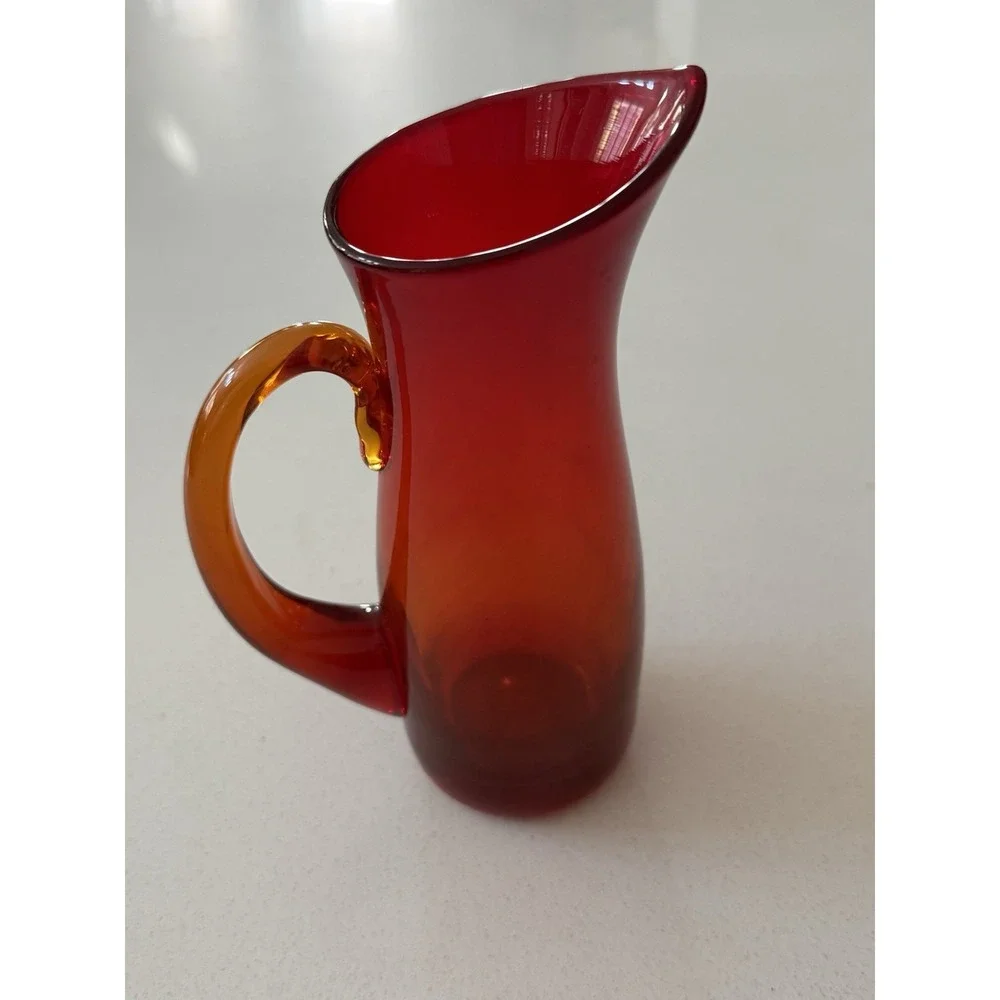 Vintage Small Amberina Glass Hand Blown Glowing‎ Pitcher with Orange Handle 7.5